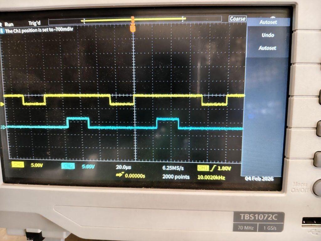 Fig 4 — Tektronix TBS1072C: Center-aligned PWM at 10 kHz (10.0020 kHz). CH1 (yellow) and CH2 (cyan) at 5V/div, 20 µs/div. The pulse is clearly centred within each period — equal guard time on both sides.