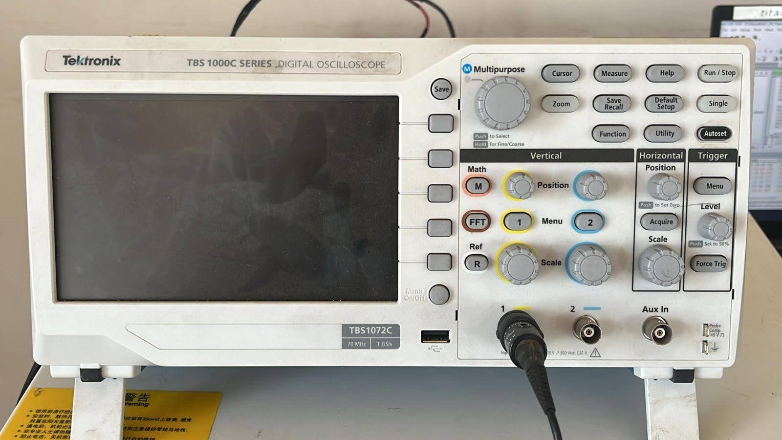 Fig 6 — Tektronix TBS1072C Digital Oscilloscope (70 MHz, 1 GS/s) used for all PWM and motor control signal validation on the project.